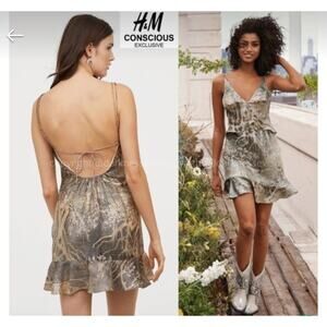 H&M Conscious Short Silk Blend Mini Dress Silver Gold Metallic Women's 0 Nature